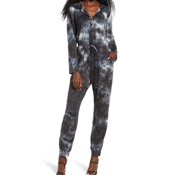 NWT Fraiche Women's Tie Dye Hooded Long Sleeve Jumpsuit Black Size S $100 X219 - Picture 1 of 1